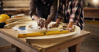 Buy stock photo Measure, teamwork and construction with hands of people for design production, furniture and manufacturing. Collaboration, handyman and framework with craftsman for building project and woodworking