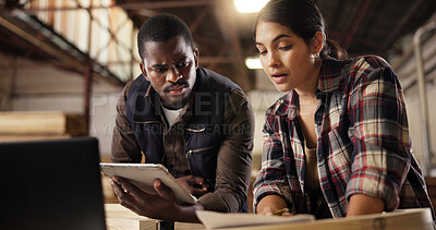 Buy stock photo Carpenter, people and team with tablet, planning and research for craftsmanship in workshop or online. Collaboration, creative and sketching for furniture design, woman and man with tech for business