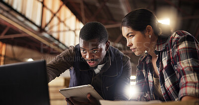 Buy stock photo Laptop, people and team with tablet, carpenter and research for craftsmanship in workshop and online. Manufacturing, woman and man with tech for furniture business, collaboration and production