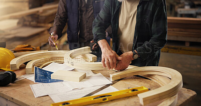 Buy stock photo Wood, teamwork and carpenter with hands of people for design production, furniture and manufacturing. Collaboration, handyman and framework with craftsman for building project and construction