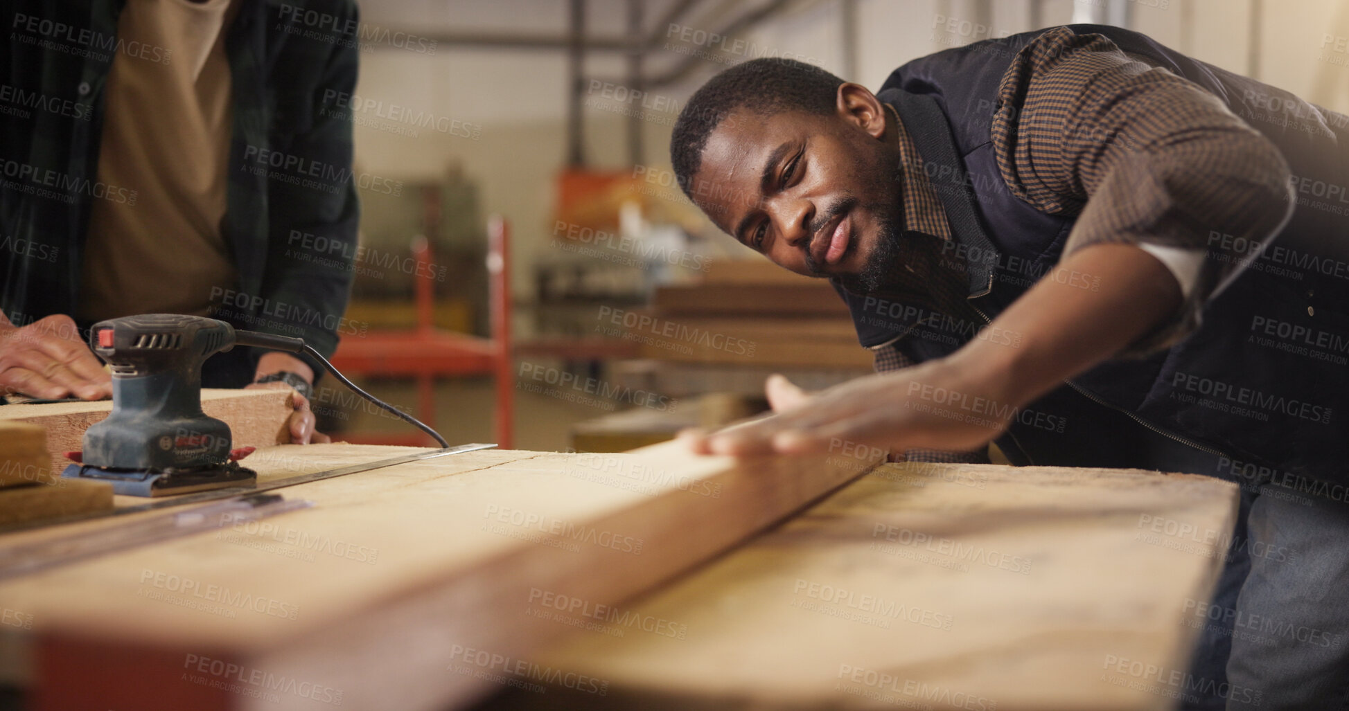 Buy stock photo Man, carpenter or wood with plank at warehouse for polish, craft or building project. Male person, woodworking and beam with sander for wooden repair, timber design or restoration at lumber workshop