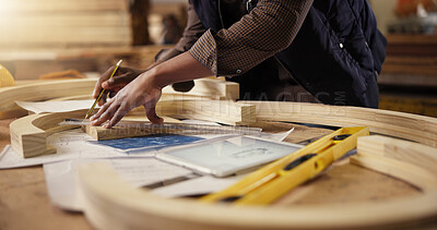 Buy stock photo Furniture, hands and measure with man in factory for woodworking, manufacturing and framework project. Production, contractor and industrial with tablet at person in warehouse for construction