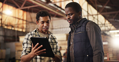 Buy stock photo Online, people and team with tablet, woodworking and research for craftsmanship in workshop and planning. Manufacturing, collaboration and colleagues with tech for furniture business and production