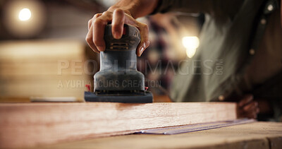 Buy stock photo Carpentry, sanding and hands with wood in workshop for furniture, building and lumber production. Handyman, woodworking and carpenter with tools for planks, timber and board for renovation in factory