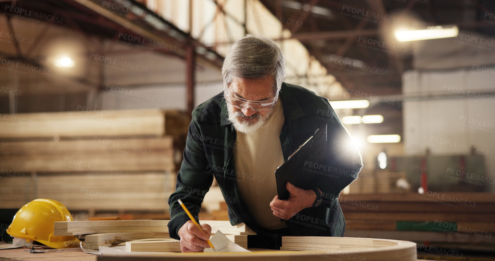 Buy stock photo Wood, drawing or carpenter with man in factory for design production, furniture or manufacturing. Sketch, handyman or framework with mature craftsman for building project, inspection or construction