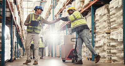 Buy stock photo Men, fist bump and happy at warehouse for logistics, clipboard and greeting by shelf, respect or inspection. People, partner and inventory for distribution, smile and supply chain at industrial plant