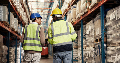 Buy stock photo Logistics, people and walking in warehouse with inspection for supply chain, shipping storage and cargo distribution. Back, men and teamwork for inventory management, quality assurance and discussion