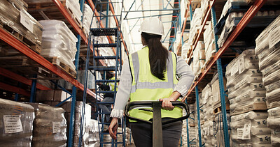 Buy stock photo Woman, packaging and trolley in warehouse with logistics, loading bay and back for inventory management. Worker, cart and freight in storage for export, backlog control and inspection in supply chain
