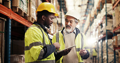 Buy stock photo Warehouse, logistics and men with tablet for collaboration, stock inventory and inspection. Teamwork, employees and mature supervisor with digital for checklist, supply chain or distribution by flare