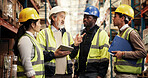 Man, tablet and team at warehouse for logistics, schedule and review stats for stock, planning or results. Manager, staff and group with touchscreen with distribution, shipping or discussion at plant