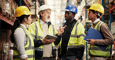 Buy stock photo Man, tablet and team at warehouse for logistics, schedule and review stats for stock, planning or results. Manager, staff and group with touchscreen with distribution, shipping or discussion at plant