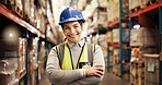 Happy, woman and portrait in warehouse with distribution, confidence and shipping logistics. Export, commerce and person at cargo storage factory with smile, pride or arms crossed in global service