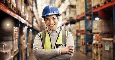 Buy stock photo Happy, woman and portrait in warehouse with distribution, confidence and shipping logistics. Export, commerce and person at cargo storage factory with smile, pride or arms crossed in global service