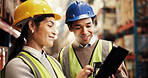 Warehouse, logistics and business people with tablet for collaboration, stock inventory and inspection. Teamwork, employees and supervisor with digital for research, supply chain and distribution