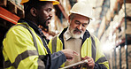 Warehouse, logistics and businessmen with tablet for discussion, stock inventory and inspection. Teamwork, employees and mature supervisor with digital for research, supply chain and distribution