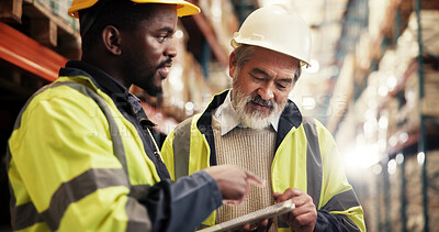 Buy stock photo Warehouse, logistics and businessmen with tablet for discussion, stock inventory and inspection. Teamwork, employees and mature supervisor with digital for research, supply chain and distribution