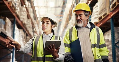 Buy stock photo Logistics, people and inventory inspection with tablet for stock count, cargo distribution or storage management. Supply chain, teamwork and digital checklist for quality control or warehouse backlog