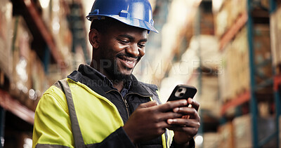 Buy stock photo Supply chain, smile and black man in warehouse, smartphone and connection with schedule review. African person, mobile user or employee in manufacturing, cellphone and digital app for email or import