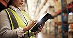 Hands, tablet and typing at warehouse, logistics and update shipping schedule for export delivery. Person, engineer and digital touchscreen with app for freight, storage and stock at industrial plant