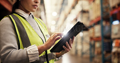 Buy stock photo Hands, tablet and typing at warehouse, logistics and update shipping schedule for export delivery. Person, engineer and digital touchscreen with app for freight, storage and stock at industrial plant