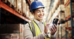 Phone, stock and woman in factory with logistics, inventory management or distribution. Global, commerce and happy person at cargo storage warehouse on mobile app for search, checklist or shipping