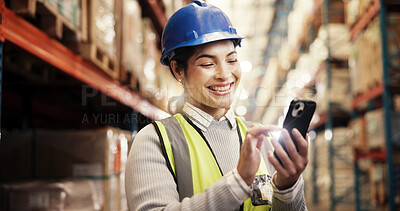 Buy stock photo Phone, stock and woman in factory with logistics, inventory management or distribution. Global, commerce and happy person at cargo storage warehouse on mobile app for search, checklist or shipping