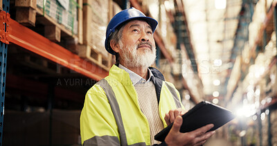 Buy stock photo Thinking, supply chain and man in warehouse, tablet and logistics with quality control. Mature person, tech and inspector in factory, inventory or check stock with manufacturing, decision or export