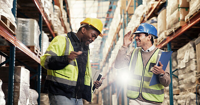 Buy stock photo Men, celebration and dancing at warehouse for logistics with smile, support and goals with success. People, partner and team with rhythm, cheers and happy for distribution, shipping and supply chain