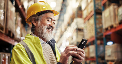 Buy stock photo Supply chain, smile and man in warehouse, smartphone and connection with import. Mature person, mobile user or employee in manufacturing, cellphone and digital app for email, communication or export