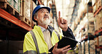 Pointing, shipping or man in warehouse, tablet or logistics with manufacturing. Mature person, employee or inspector in factory, machine for inventory or check stock with supplu chain, tech or export