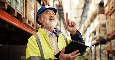 Buy stock photo Pointing, shipping or man in warehouse, tablet or logistics with manufacturing. Mature person, employee or inspector in factory, machine for inventory or check stock with supply chain, tech or export