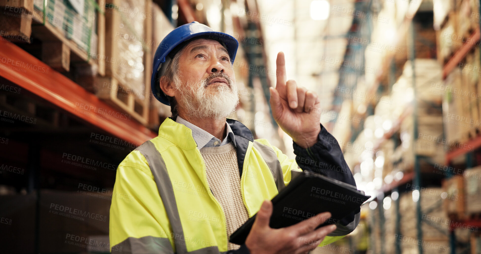 Buy stock photo Pointing, shipping or man in warehouse, tablet or logistics with manufacturing. Mature person, employee or inspector in factory, machine for inventory or check stock with supply chain, tech or export
