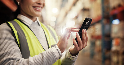 Buy stock photo Hands, phone and texting at warehouse, logistics and update shipping schedule for export delivery. Person, engineer and smartphone with mobile app for freight, storage and stock at industrial plant