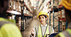 Logistics, team and supervisor with clipboard in warehouse for inspection training, quality control and stock workflow. Distribution, woman and staff meeting for inventory management and supply chain