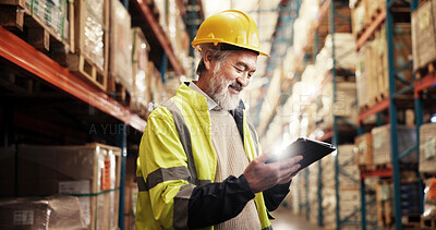 Buy stock photo Logistics, shipping and man in warehouse, tablet and export with quality control. Mature person, employee and inspector in factory, inventory or check stock with manufacturing, email and supply chain