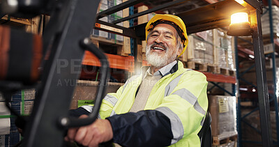 Buy stock photo Warehouse, logistics and man in portrait with forklift, supply chain and shipping for distribution. Factory, mature person and worker with machine for driving, delivery and manufacturing with smile