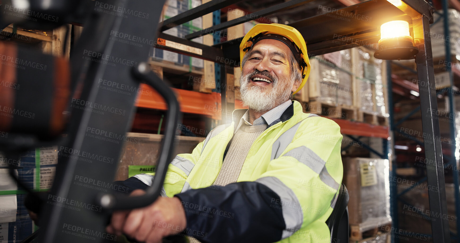 Buy stock photo Warehouse, logistics and man in portrait with forklift, supply chain and shipping for distribution. Factory, mature person and worker with machine for driving, delivery and manufacturing with smile