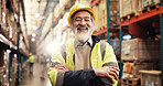 Mature, man and portrait in factory with logistics, confidence or supply chain distribution. Export, commerce and person at cargo storage warehouse with smile, arms crossed or pride in global service