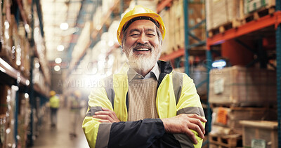 Buy stock photo Mature, man and portrait in factory with logistics, confidence or supply chain distribution. Export, commerce and person at cargo storage warehouse with smile, arms crossed or pride in global service