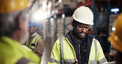 Buy stock photo Logistics, colleagues and discussion with tablet, warehouse and quality assurance on website and group. Factory, collaboration and team with tech for supply chain, conversation and business people
