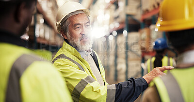Buy stock photo Logistics, colleagues and mature man in warehouse, discussion and collaboration for team with stock. Factory, boss and planning for distribution in business, supply chain and people in meeting