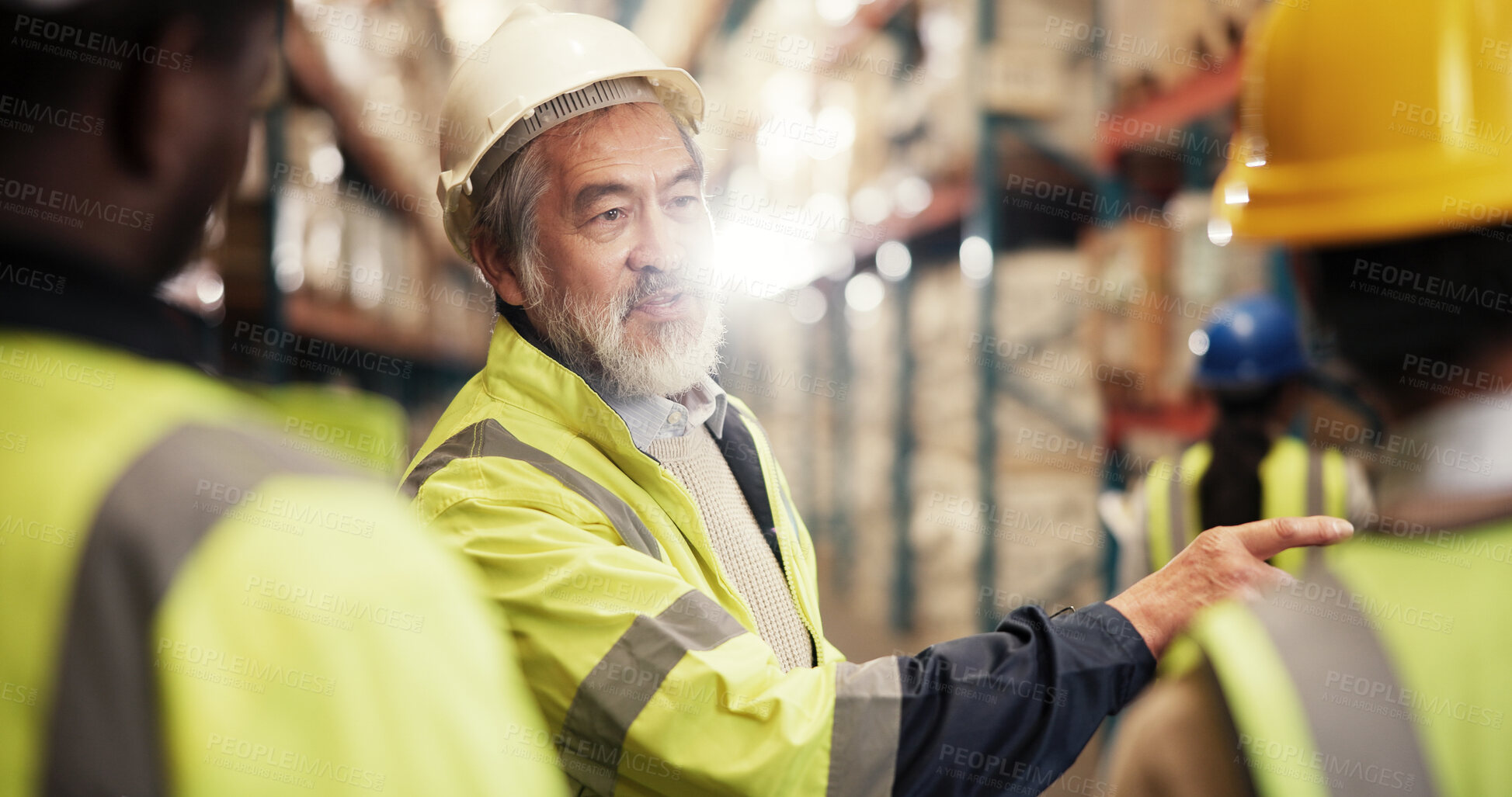 Buy stock photo Logistics, colleagues and mature man in warehouse, discussion and collaboration for team with stock. Factory, boss and planning for distribution in business, supply chain and people in meeting