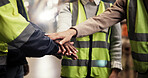 Hands, stack and team at warehouse for logistics, motivation and support for goals, target and sales. People, group and together with solidarity with distribution, shipping and industry at plant