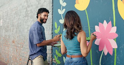 Buy stock photo Happy, couple and painting wall for art project, mural design and helping with creative development. Smile, people and  artist with hobby for community renovation, diy decoration and flower aesthetic