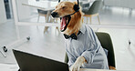 Dog, laptop and call center with headset for animal chat, pet insurance or online service at office. Canine, agent and mic on technology for vet consultation, help or virtual assistance at workplace