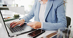 Banking, credit card and hands of business woman with internet, payment or ecommerce on laptop. Online, loan and corporate professional or customer with rewards for purchase or procurement on website