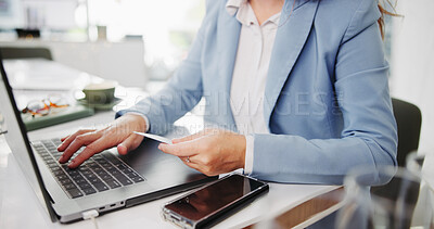 Buy stock photo Banking, credit card and hands of business woman with internet, payment or ecommerce on laptop. Online, loan and corporate professional or customer with rewards for purchase or procurement on website