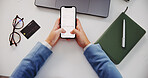 Business person, phone screen and hands by credit card for online shopping at desk with discount. Above, technology and valentines promo code for deal, ux and ui design with internet at work