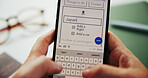 Hands, person and phone screen for flight booking, travel app and location with itinerary in office. Display, mobile and typing closeup for holiday information, planning trip and destination to Japan