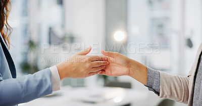 Buy stock photo Handshake, deal and business people at office, closeup and support with thanks, teamwork and b2b agreement. Person, partnership and shaking hands with respect, welcome and collaboration at workplace
